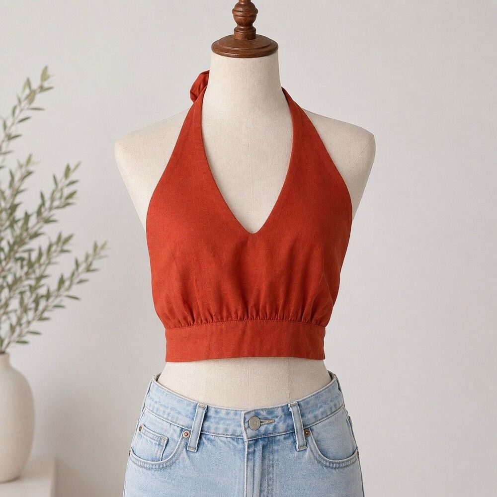 Meshki Women’s Linen Halter Top Crop Rust Orange Small Tie Back Adjustable New